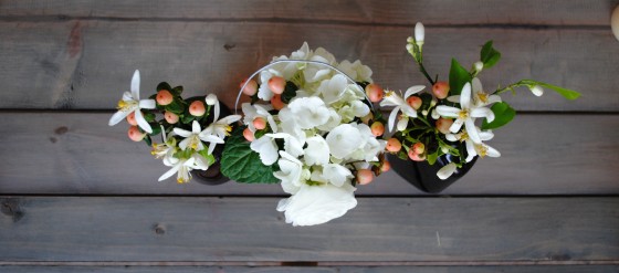 rustic, vintage wedding, orange blossoms, mason jar, amber glass, hydrangea