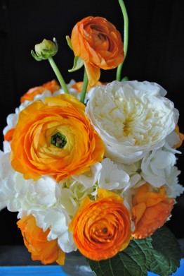 white hydrangea, vintage wedding, mason jar centerpiece, orange ranunculus