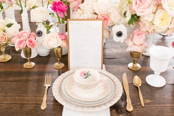 vintage wedding, blush, mint, gold, antique china tablescape, peonies, anemonies