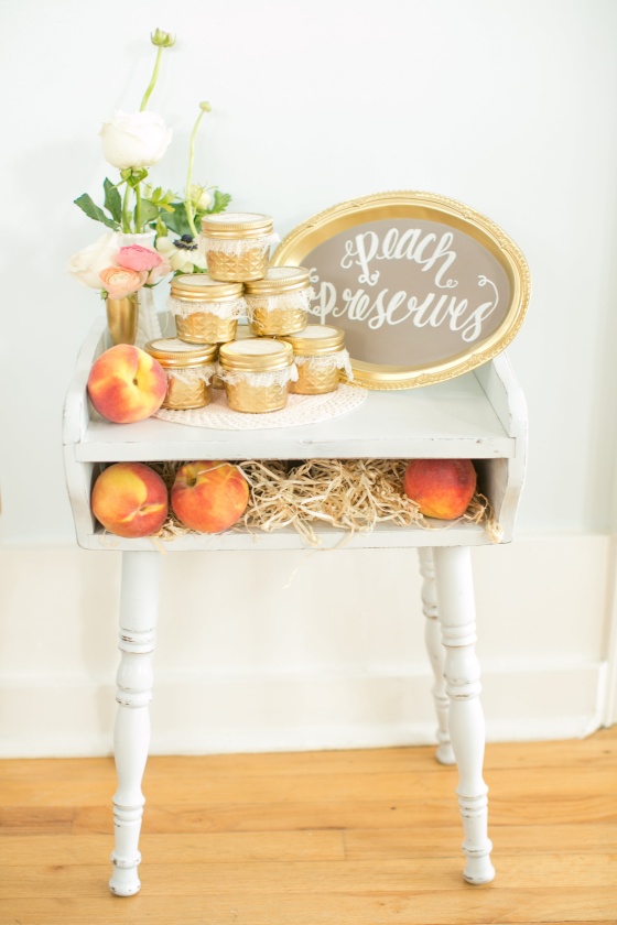 southern wedding, peaches, gold mason jars, peach preserves