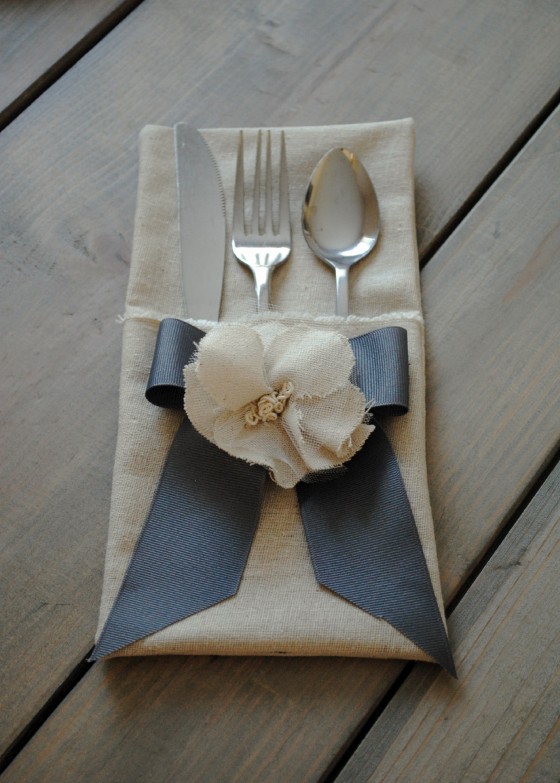 rustic wedding, grey, ivory, handmade fabric flatware holder 