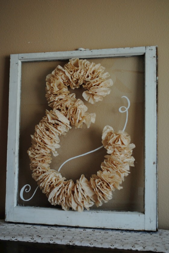 hand dyed coffee filters, wedding decor, antique window, & sign