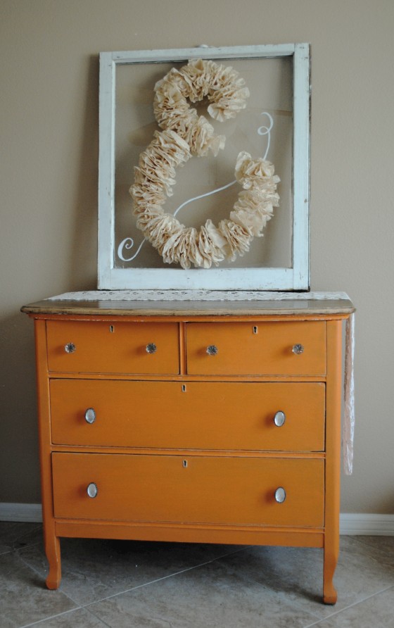 antique dresser, wedding, orange, antique window, coffee filters